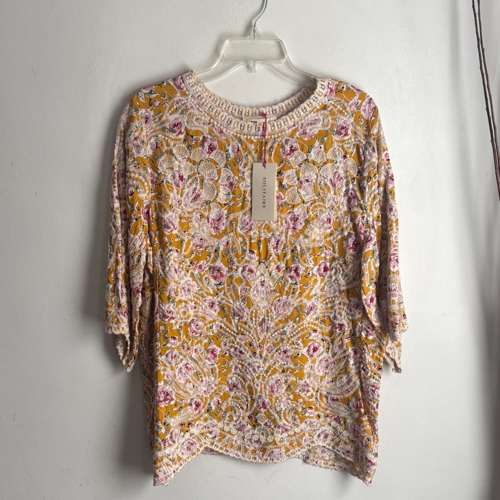 Solitaire | NWT Mustard and Pink Floral Embroidered Scoop Neck Tunic